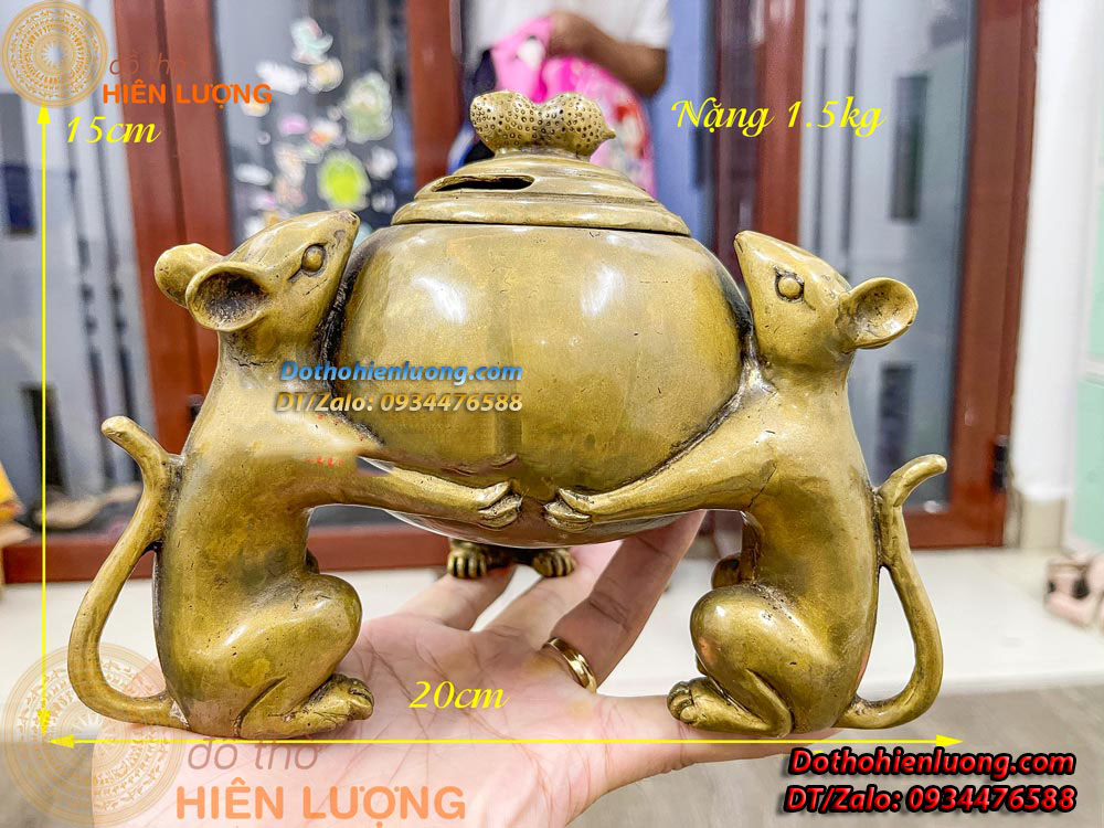 Lư Xông Trầm Tam Chuột Màu Vàng Bằng Đồng Nguyên Chất Kích Thước 20x15cm, Nặng 1,5Kg - Đồ Thờ Hiên Lượng