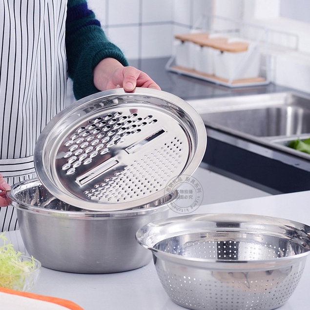 Bộ bào nạo rau củ kiêm rổ và chậu Inox đa năng, Bộ nạo đa năng thép chống rỉ kiêm rổ và chậu