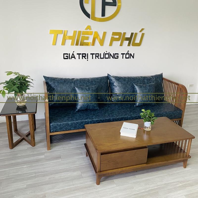 Bộ sofa nan gỗ sồi chung cư phong cách Indochine hiện đại