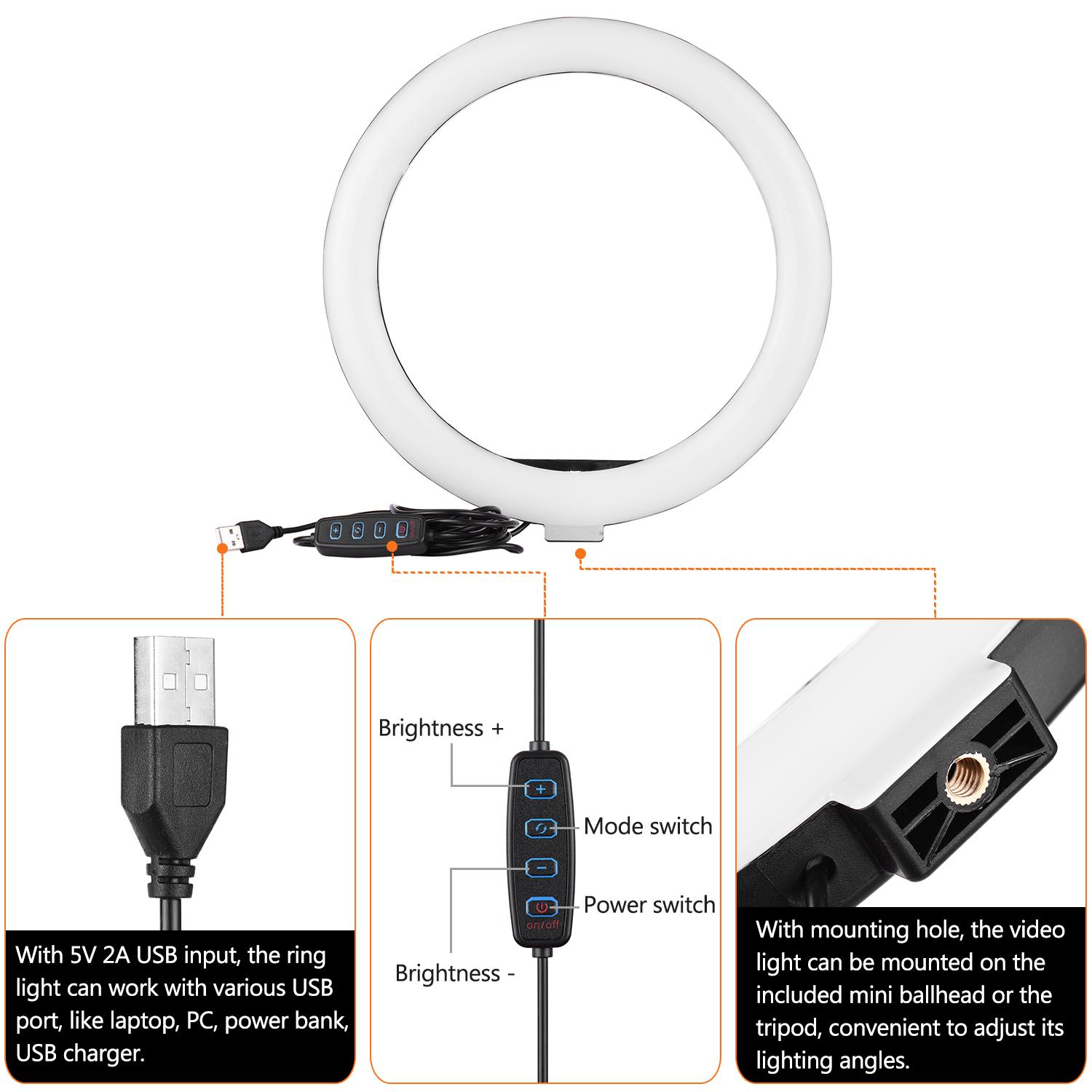 Bộ đèn vòng 10 inch / 26cm 3300K-5500K Đèn LED tự chụp có thể thay đổi 3 chế độ chiếu sáng + Chân máy bạch tuộc linh hoạt