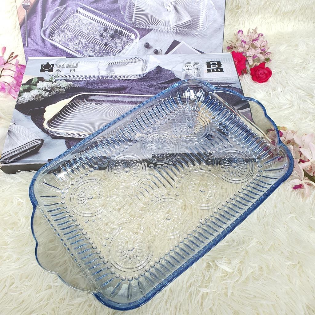 Dĩa Thủy Tinh Dài Để Ly/Cốc Hình Chữ Nhật, Khay Đựng Trái Cây, Bánh Mứt Thủy Tinh Cao Cấp Màu Xanh Hoa