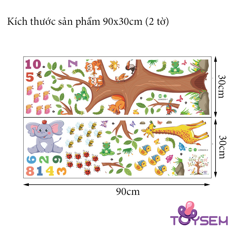 Decal trang trí dán tường cho bé tập đếm số và hình thú rừng, Giấy dán tường trang trí phòng cho bé, Decal trang trí nhà cửa