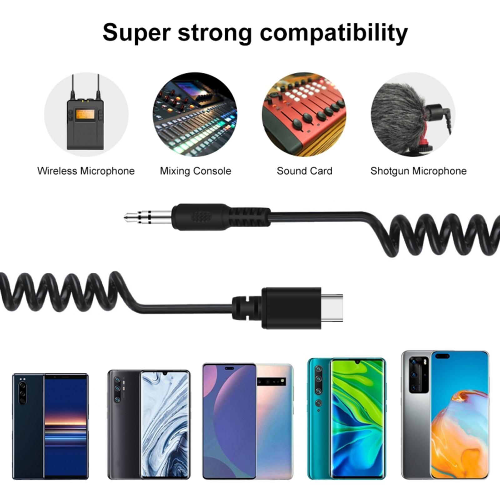 Audio Cellphone 3.5mm TRRS to USB-C Male Live Microphone Audio Adapter Coiled Cord for Samsung Easy to Use 100cm