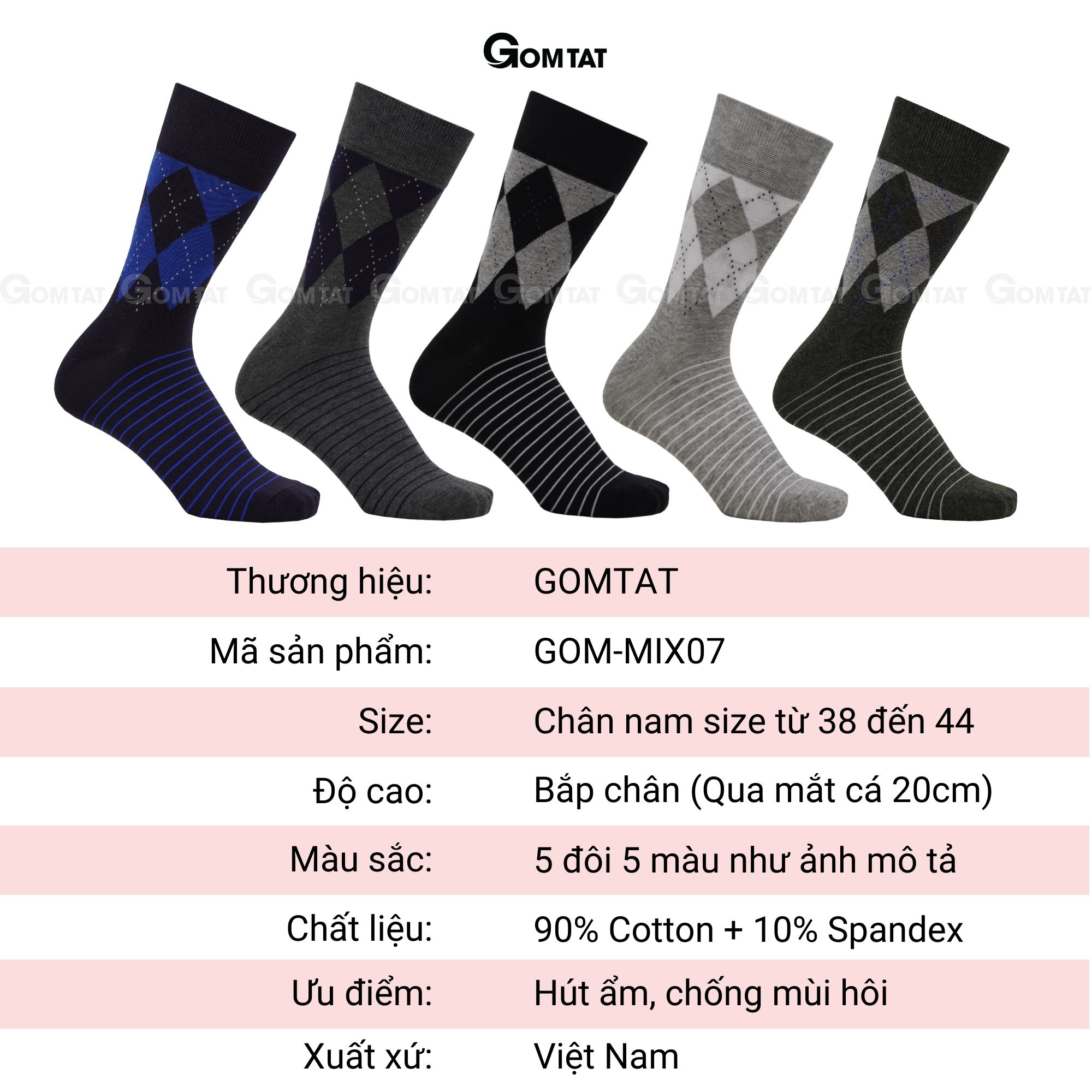 Tất nam cổ cao công sở GOMTAT cao cấp mẫu MIX07, chất liệu cotton mềm mại, hút ẩm thoáng khí - GOM-MIX07-1DOI