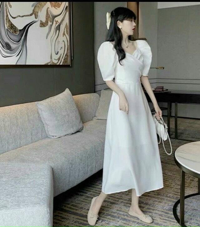 ĐẦM MIDI CHÉO NGỰC TAY BỒNG 10110