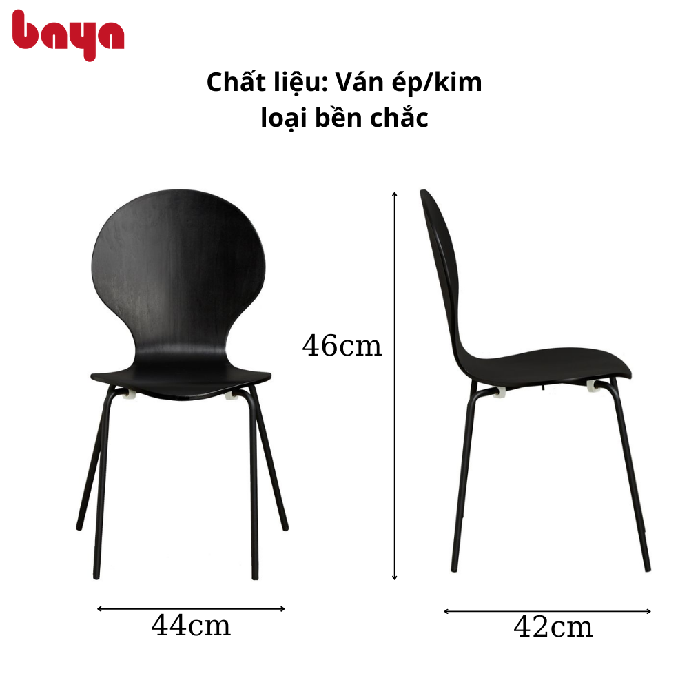 Bộ 4 Ghế Ăn Màu Đen BAYA VERONA Khung Kim Loại Chắc Chắn Mặt Ghế Gỗ Ván Ép Nhẵn Mịn 6000279