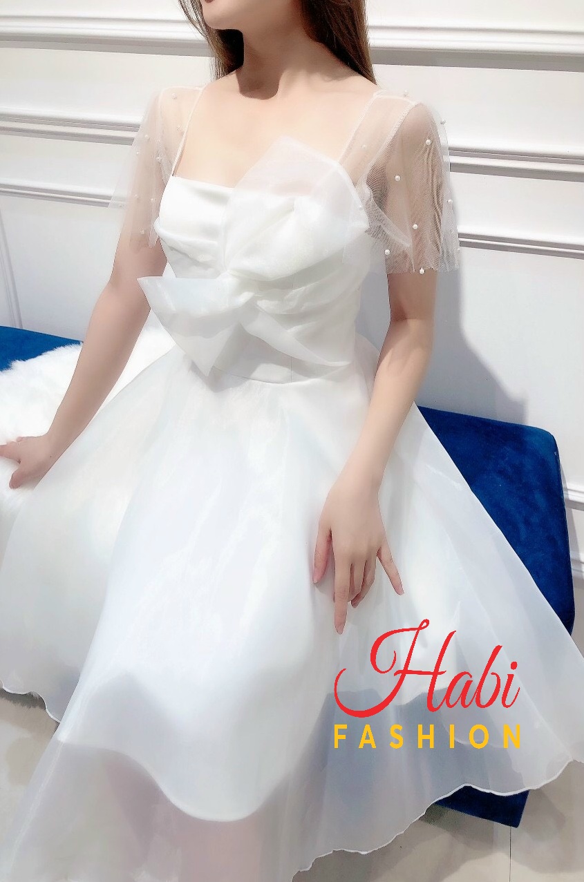 Đầm trắng công chúa nơ ngực dự tiệc, kỷ yếu, sinh nhật, đi cưới... xinh xỉu tay lưới ngọc có mút ngực