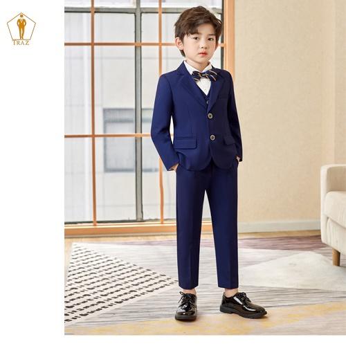 Set, Bộ Vest Xanh Đen Trẻ Em TRAZ Bé Trai, Con Nít(1 quần, 1 áo vest, 1 ghile, 1 nơ)Bé Mập Cao Tăng 1, 2 Size