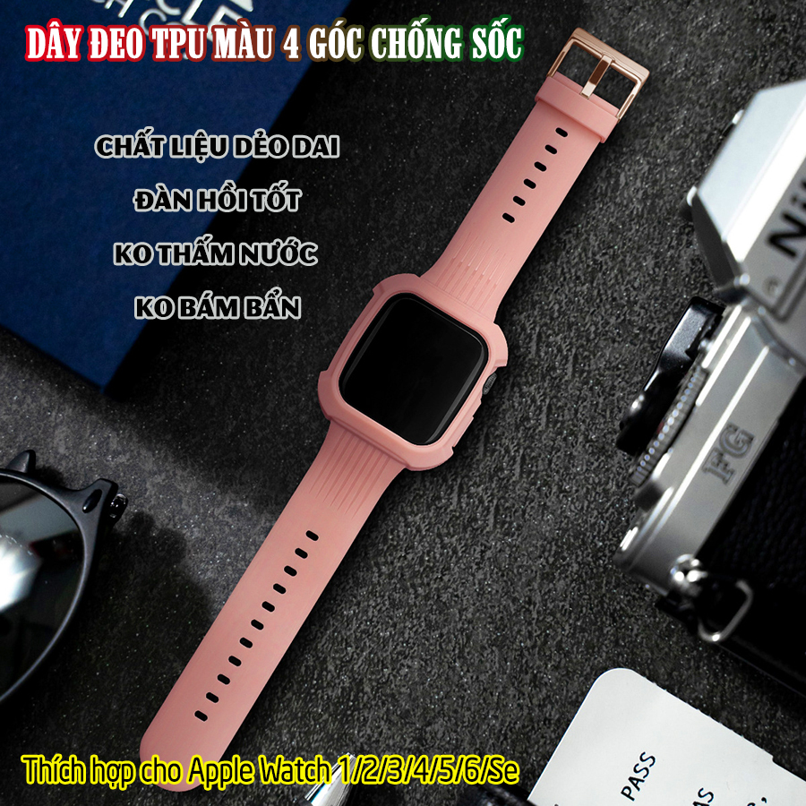 Dây Đeo liền ốp dành cho Apple Watch 7/6/5/4/3/2/1 size 38/40/41/42/44/45mm TPU màu 4 góc chống sốc - nhiều màu (tặng cường lực dẻo theo size