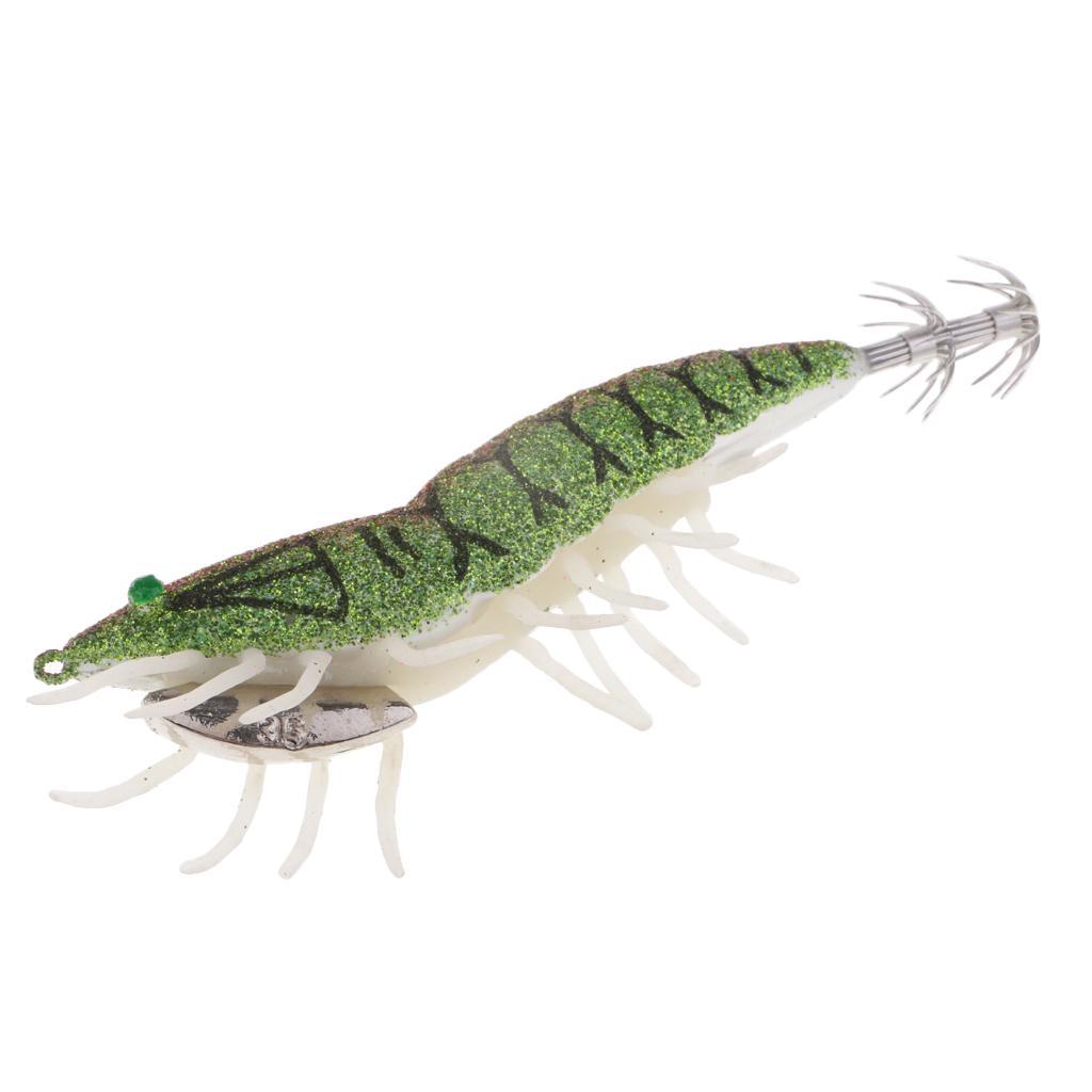 2pcs Glow In Dark Squid Jig Hooks Shrimp Fishing Lures W/ Luminous Soft Leg