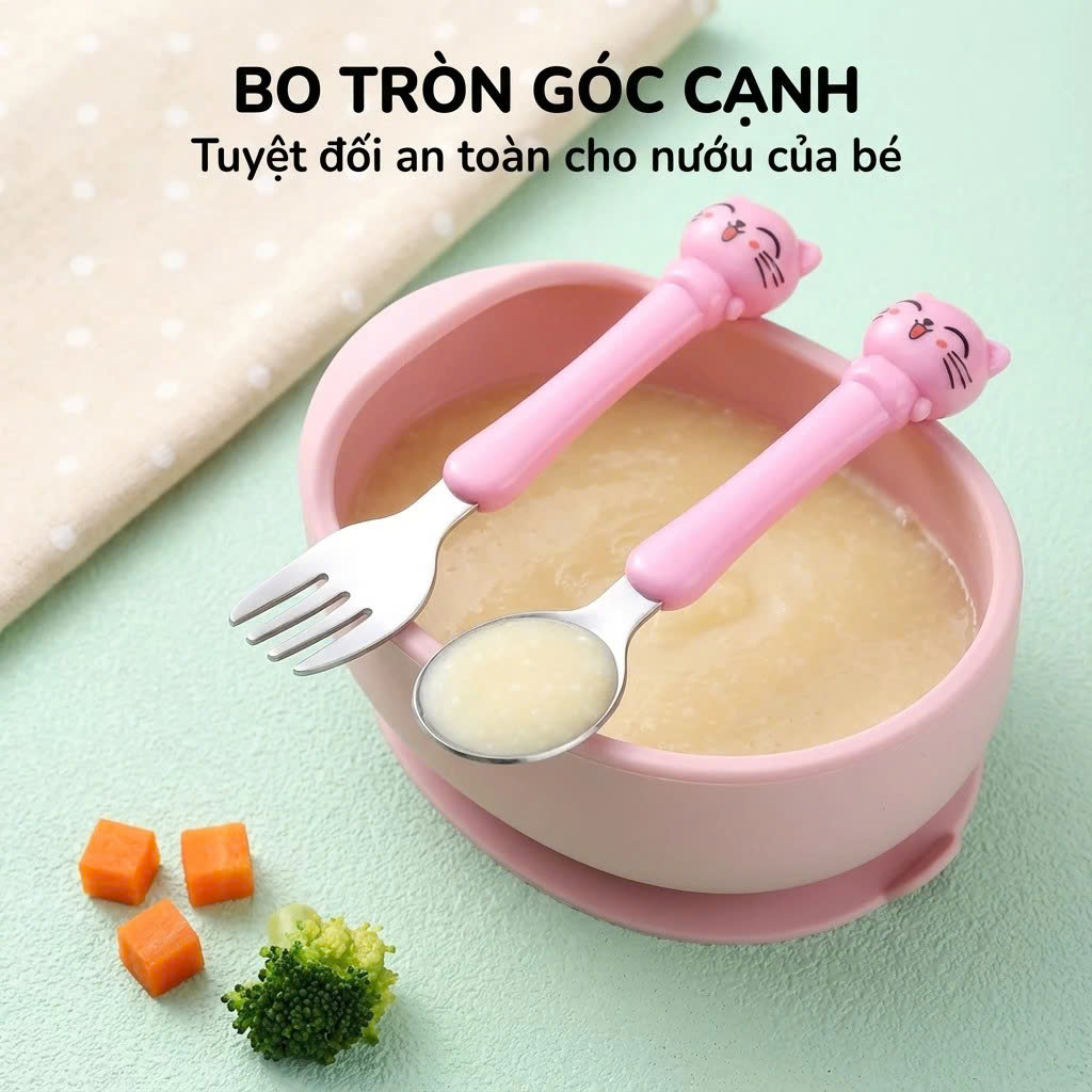 Bộ Ăn Dặm Cho Bé 3 Món, Đũa Xỏ Ngón + Thìa + Dĩa, Dễ Cầm Chống Rơi, An Toàn, Màu Xanh/Hồng - HÀNG CHÍNH HÃNG MINIIN