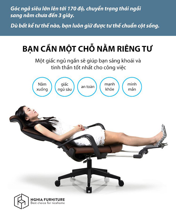 Ghế công thái học ngả lưng 170 Ergonomic E01 hỗ trợ cột sống cực tốt