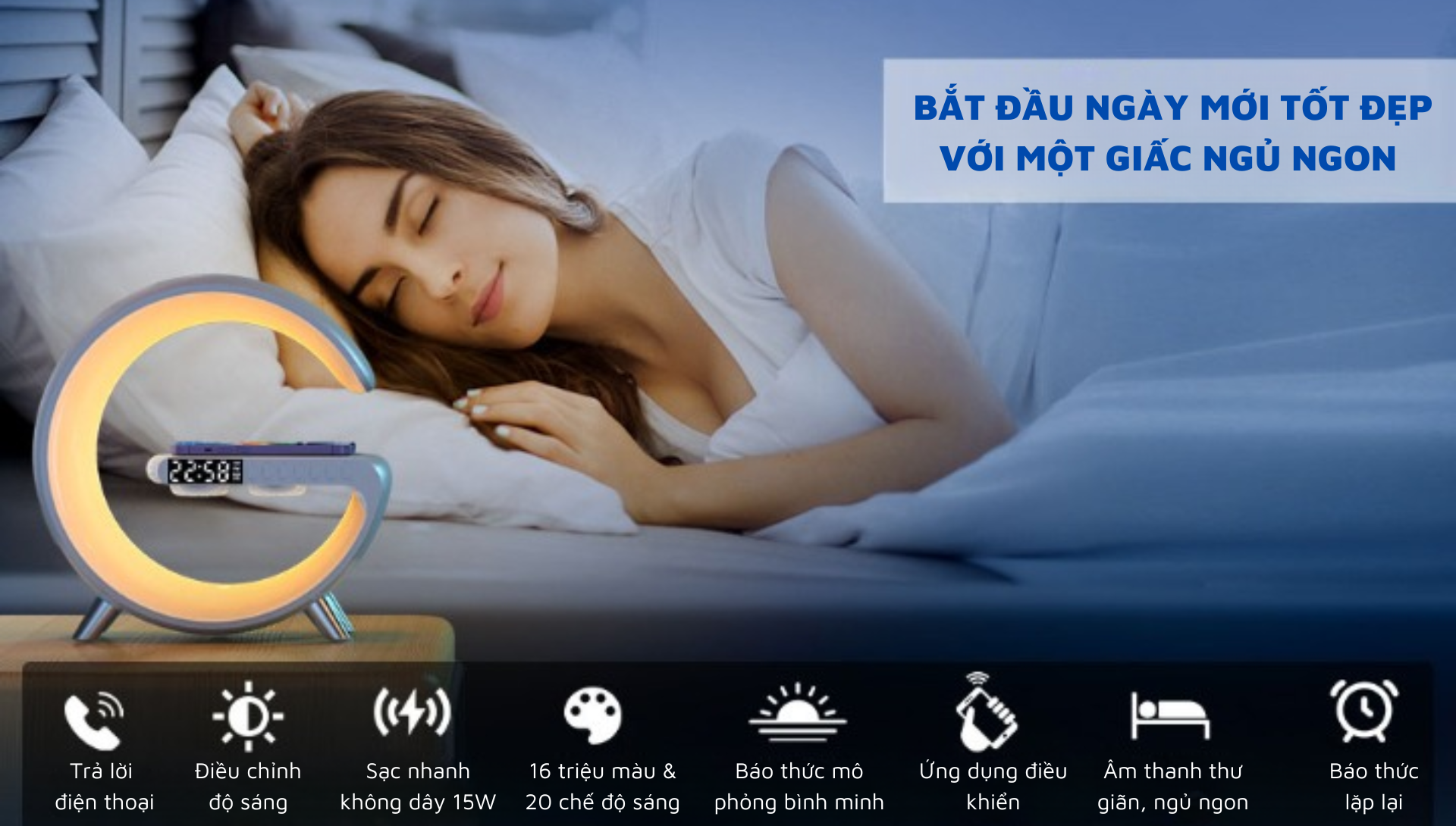 Loa Bluetooth 5.0 chữ G Thông Minh 4 chức năng Sạc Không Dây Báo Thức Đèn ngủ 265 chế độ sáng, thiết kế hiện đại