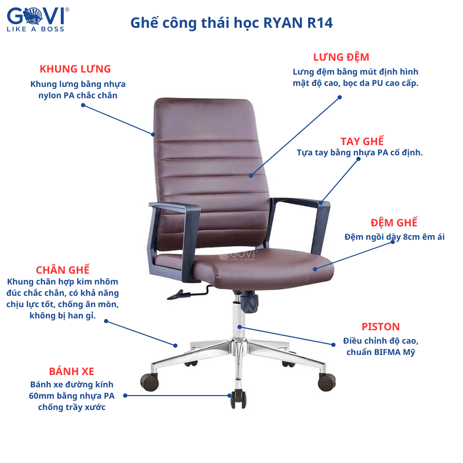 Ghế xoay văn phòng công thái học GOVI Ryan R14 lưng da