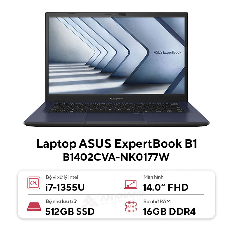 ASUS ExpertBook B1 B1402CVA-NK0177W (Intel Core i7 - 1355U | 16GB | 512GB | Intel UHD Graphics | 14 inch FHD | Windows 11 | Đen) - HÀNG CHÍNH HÃNG