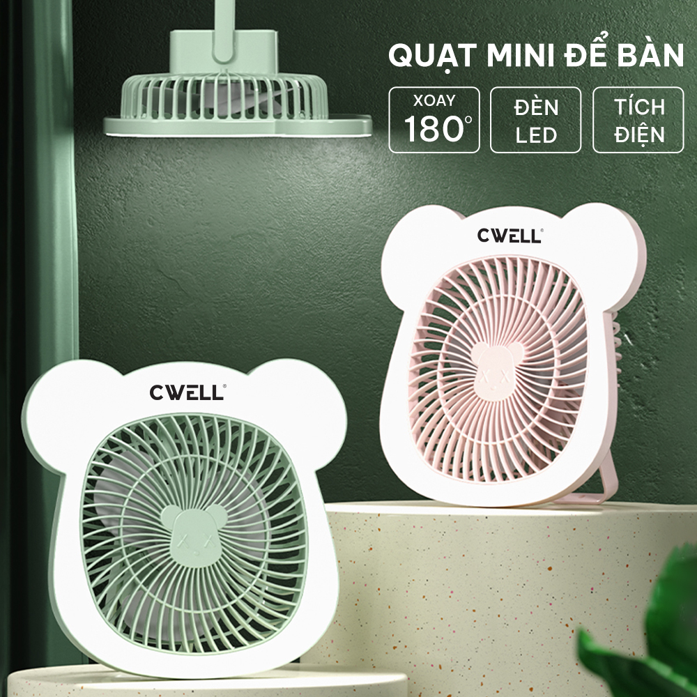 Quạt mini để bàn, quạt tích điện 3 tốc độ Cwell kèm dải 25 đèn Led, có móc treo - Tặng cáp sạc USB