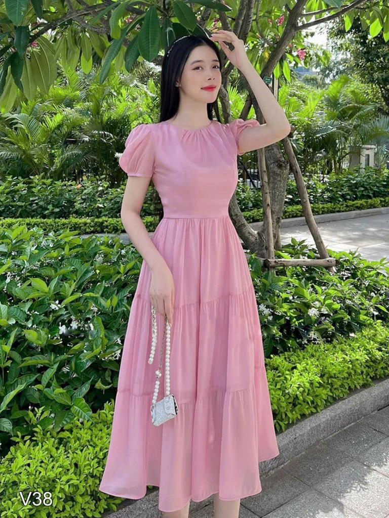 Đầm midi xòe tay phồng cổ tròn thùy mị