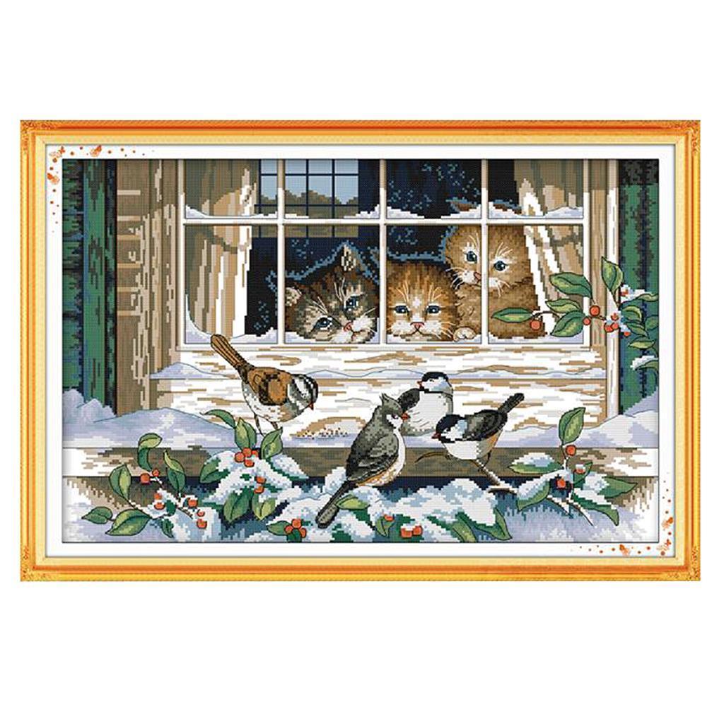 Cats Birds Stamped Cross Stitch Kits for Kids Pre-Printed Pattern Embroidery