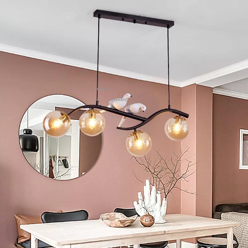 Đèn thả bàn ăn, trang trí phong cách Bắc Âu, thân mạ vàng 4 chao thủy tinh HL385-4