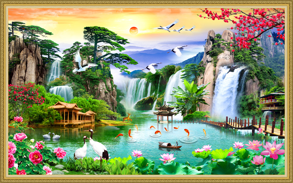 Tranh dán tường phong thủy Lưu Thủy Sinh Tài - Tiền Vô Như Nước NewTM-0142K