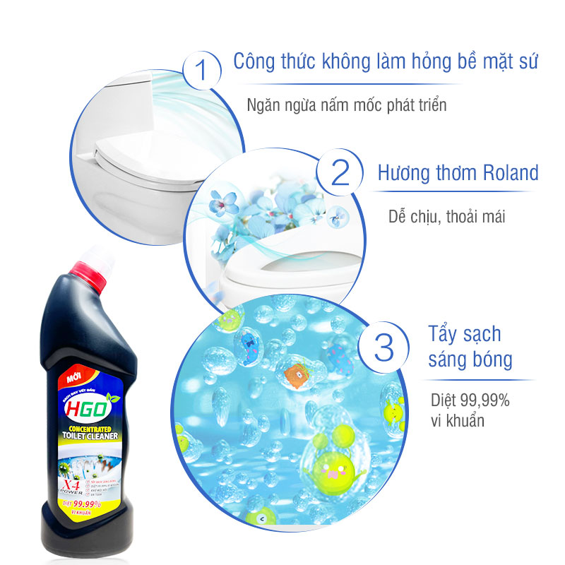 Nước tẩy bồn cầu HGO TOILET gel đậm đặc, tẩy sạch, khử mùi hôi, diệt 99,99% vi khuẩn, an toàn với men sứ 960ml