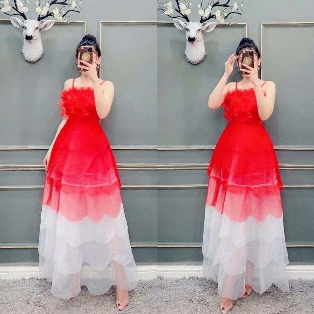ĐẦM MAXI XẾP TẦNG 2 DÂY KẾT HOA NỔI - SIZE M/L ĐẾN 57kgMM MM