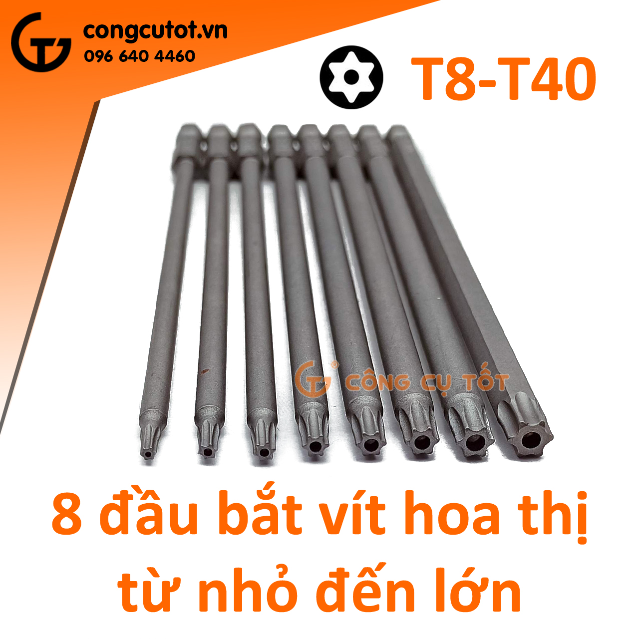 Bộ 8 đầu bắt vít hình sao lỗ 150mm các cỡ T8, T10, T15, T20, T25, T27, T30, T40