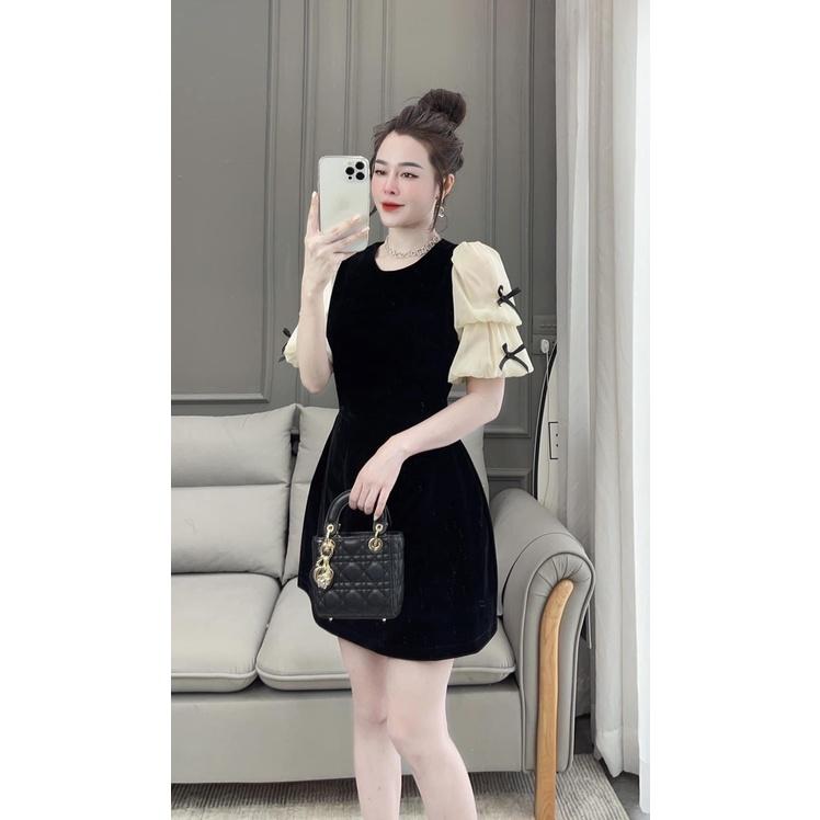 Váy Nhung Đen Nhún Tay Phồng Nơ tay Đen Phối Tơ Ulzzang Hàn Quốc