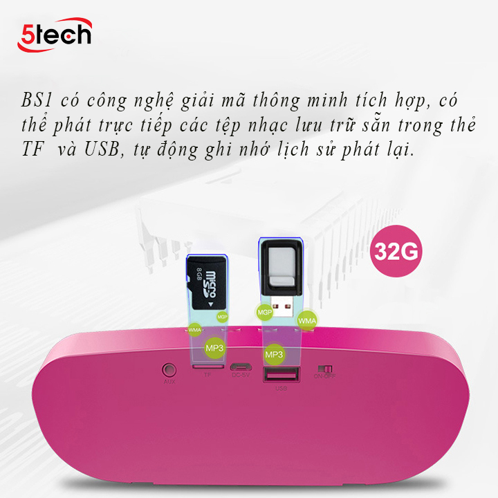 Loa bluetooth 5TECH BS1 hàng chính hãng, loa mini cầm tay di động âm thanh sống động, âm bass siêu trầm nghe nhạc cực đỉnh dành cho điện thoại, máy tính,...