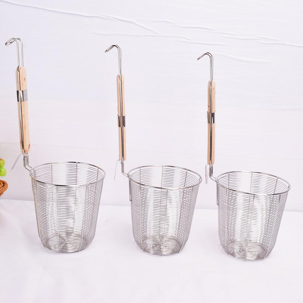 Wooden Handle Stainless Steel Kitchen Noodle Mesh Strainer Baskets S&M