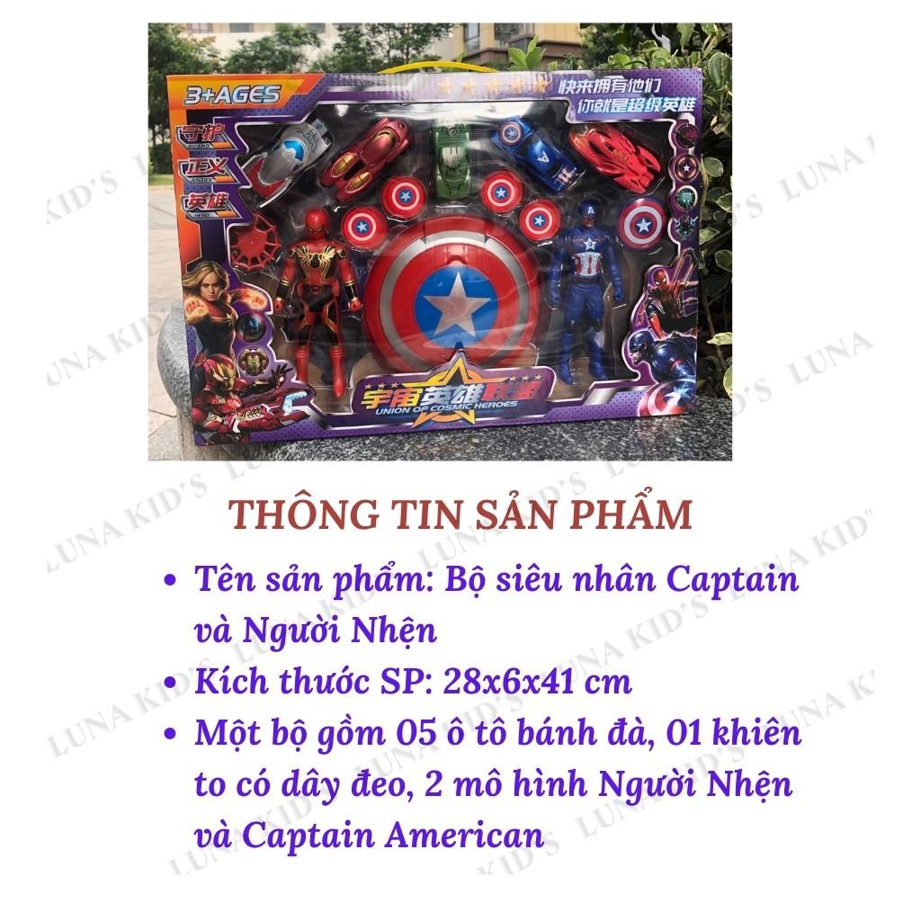 Mô Hình Siêu Nhân Bộ Đồ Chơi Người Nhện Và Captain American Có Khiên Và 5 Ô Tô Bánh Đà Luna Kid's