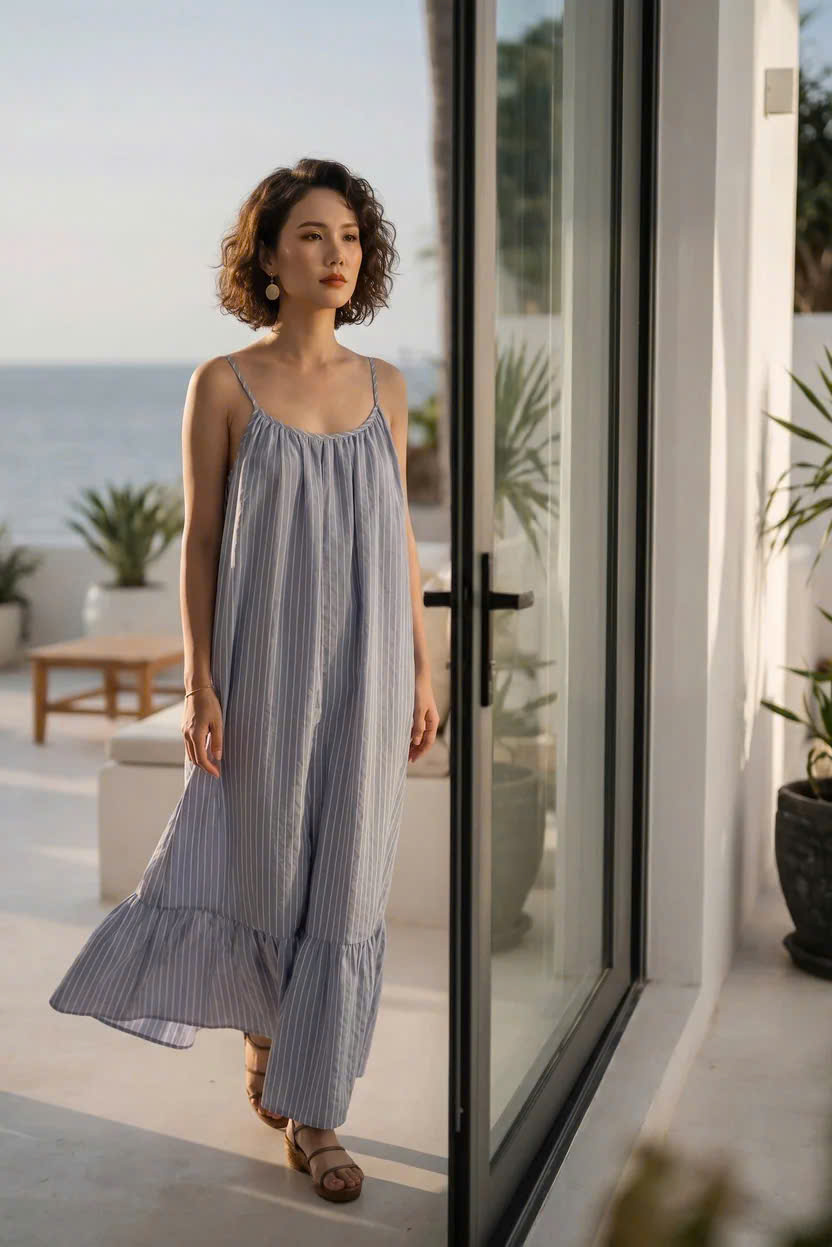 Đầm Maxi Hở Lưng Cotton Sọc Xanh Biển Vân Hy Dre217 Thời trang Hity