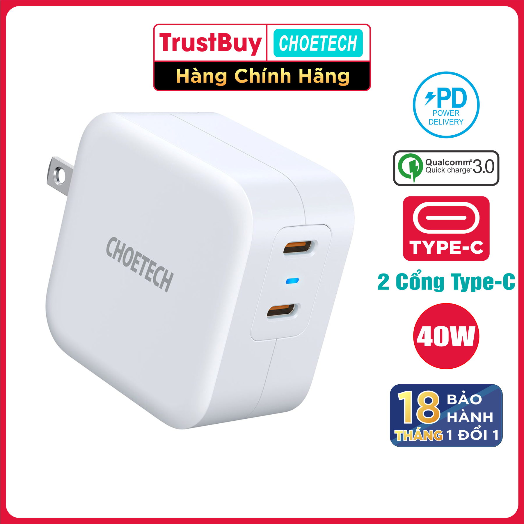 Adapter Củ Sạc 40W 2 Cổng Type C PD 3.0 CHOETECH PD6009 Sạc Nhanh Cho iPhone, iPad, Samsung, Oppo, Xiaomi - Hàng Chính Hãng