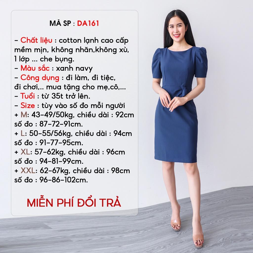 Đầm trung niên sang trọng cao cấp dáng body AMYRA, thiết kế dự tiệc ôm tay phồng nơ eo che bụng xanh navy cho mẹ DA161