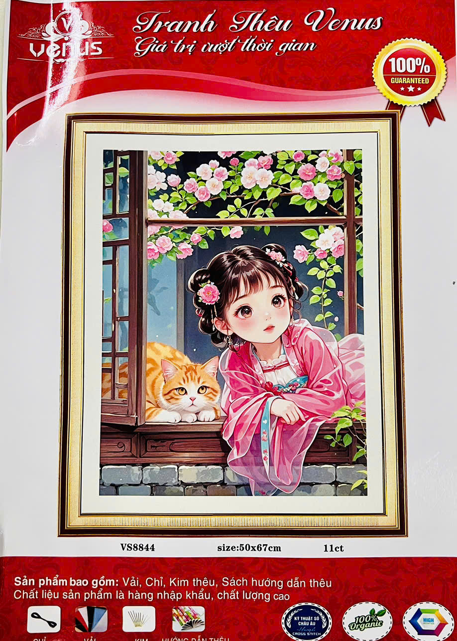 Tranh thêu kín cô gái và mèo bên cửa vs8844, kích thước 50 x 67cm, 11ct thêu 3 sợi