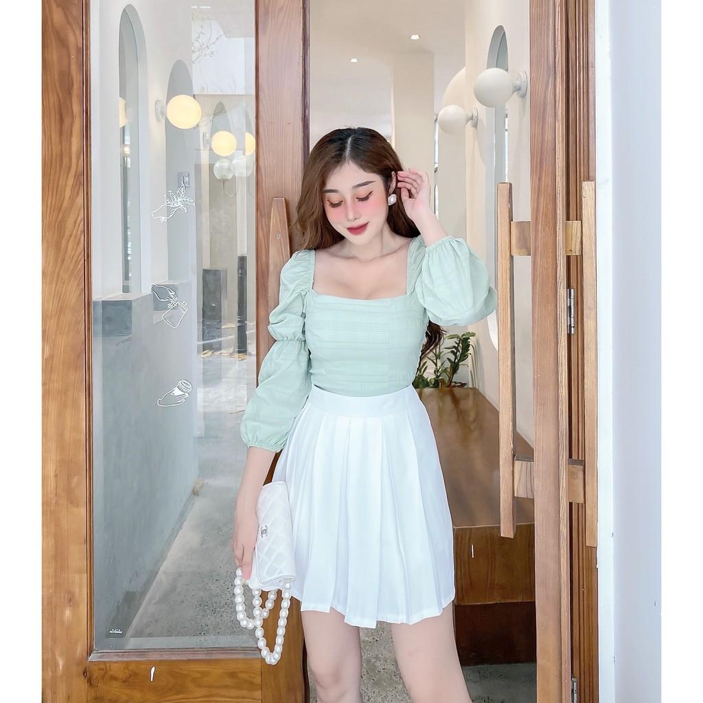 SET ÁO KIỂU XỐP NHÚN CROPTOP CỔ VUÔNG TAY DÀI+CHÂN VÁY XẾP LY-hình thật shop chụp