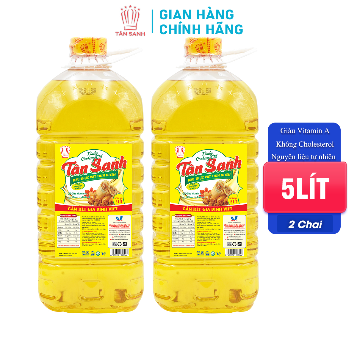 Combo 2 Chai Dầu ăn Tân Sanh Chiên Giòn Thượng Hạng Chai 5 Lít