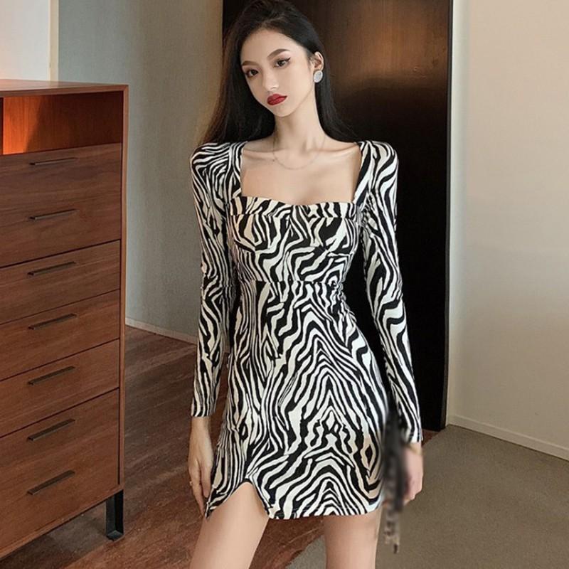 Đầm Dài Tay Cổ Vuông In Họa Tiết Ngựa Vằn Xinh Xắn Dành Cho Nữ