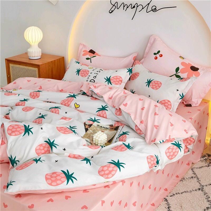 Bộ chăn ga gối Cotton poly M2T bedding, vỏ chăn mền, drap ga giường và 2 vỏ gối - PL quả dứa hồng