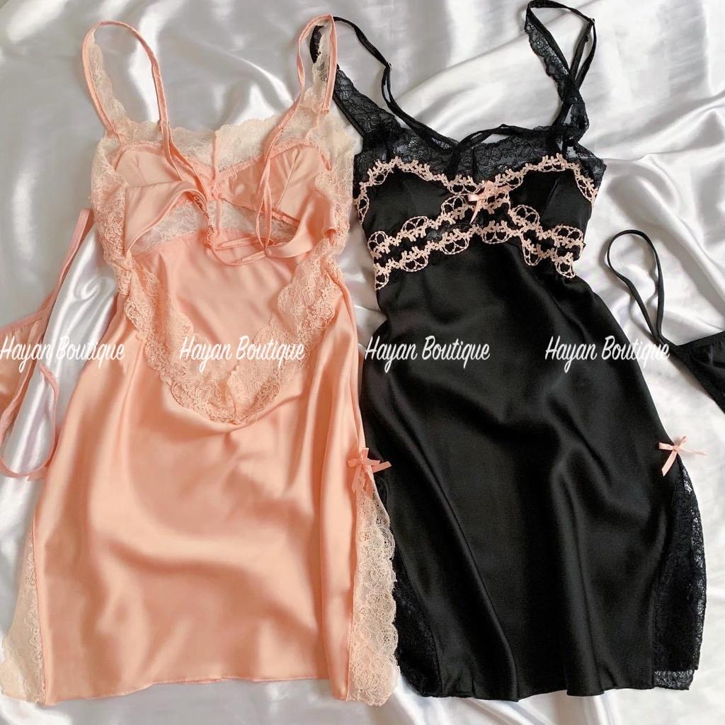 Váy ngủ sexy ren ngực viền hoa, váy ngủ lụa xẻ hông gợi cảm KÈM MÚT NGỰC Quảng Châu #HT166