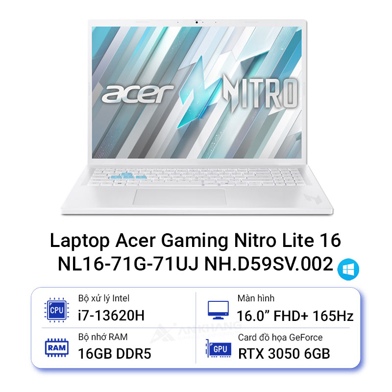 Laptop Acer Gaming Nitro Lite 16 NL16-71G-71UJ (Intel Core i7-13620H | RTX3050 | 16 inch FHD+ | 16GB | 512GB | Win 11 Home | Trắng) - HÀNG CHÍNH HÃNG