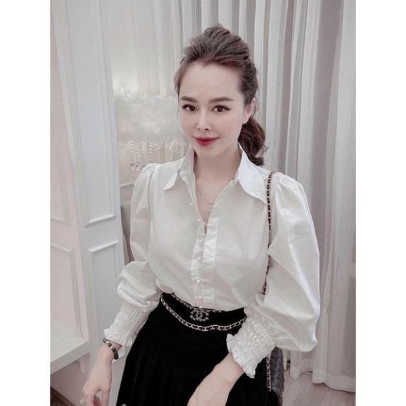 Áo sơ mi nữ trắng đi học tay dài bo nhúm cổ bẻ basic form rộng vừa - Sơ mi đi học sinh nữ trắng tay dài