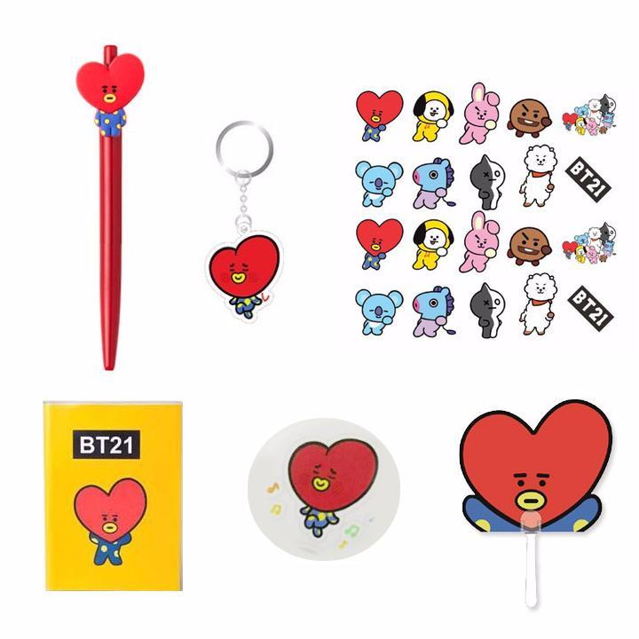 Combo 6 món BTS chibi Tata gồm bút móc khóa sticker vở quạt huy hiệu tròn