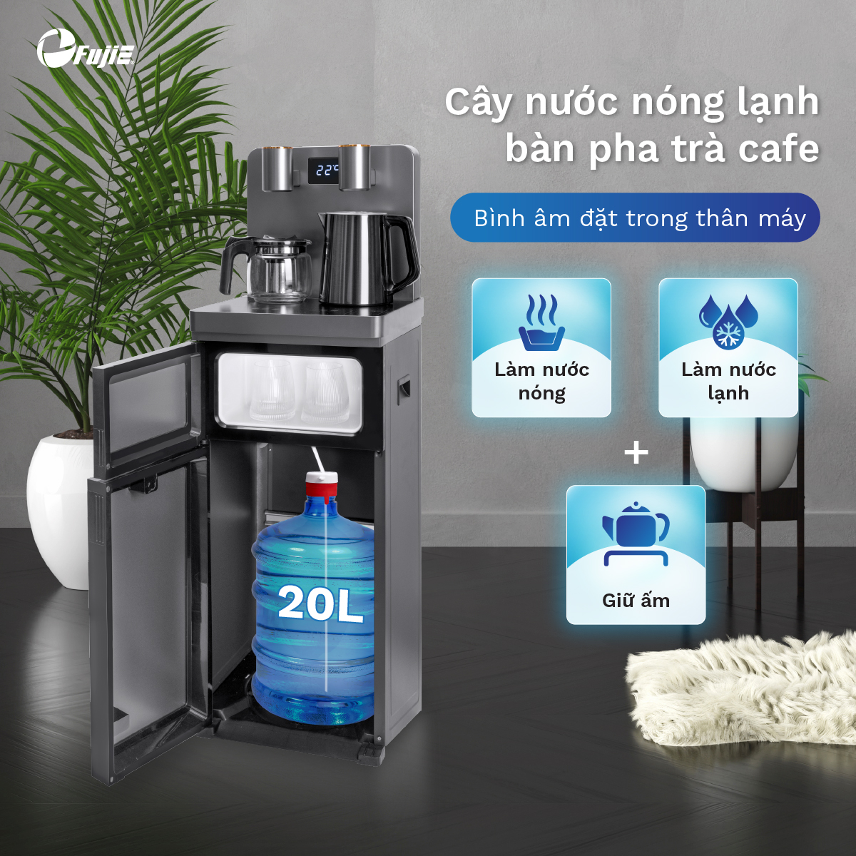 Cây nước nóng lạnh bàn trà cafe FujiE TBH1332E nhập khẩu, máy nước nóng lạnh điều khiển từ xa cài đặt nhiệt độ - Hàng chính hãng