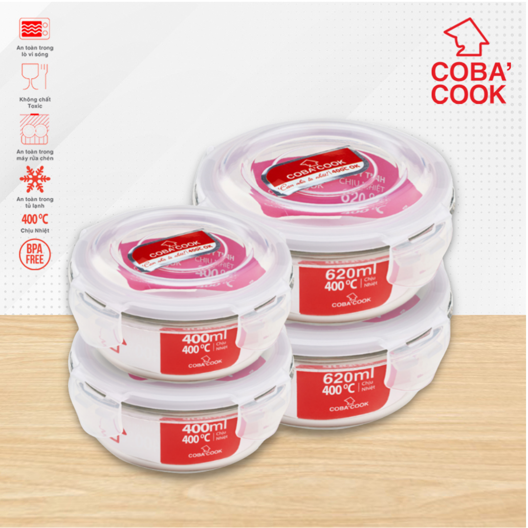 Bộ 4 hộp thủy tinh hình tròn trữ thực phẩm chịu nhiệt 2 hộp 620ml 2 hộp 400ml COBA'COOK -CCR6R44