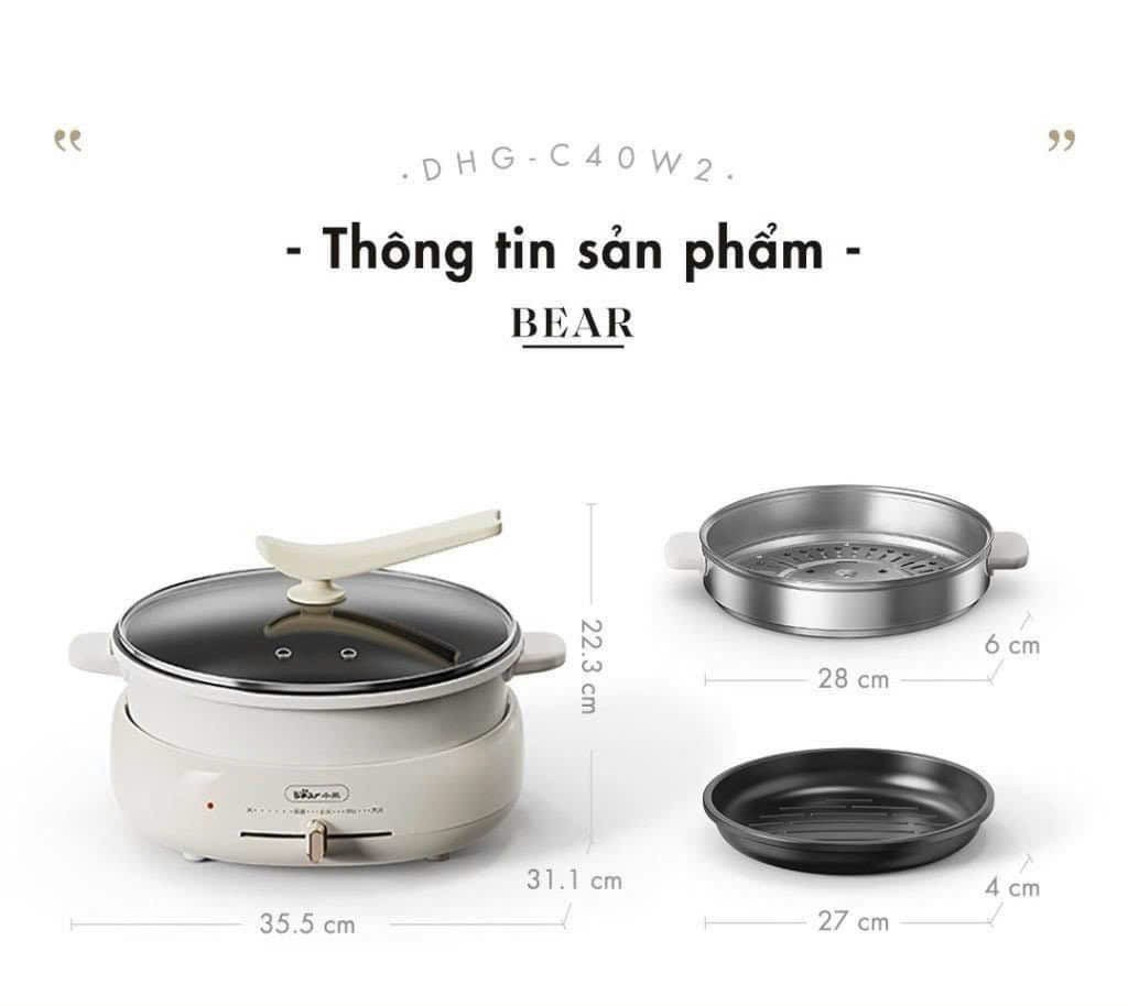 [Hàng chính hãng] Nồi lẩu Bear NĐ C40W2 - 3 khay in 1, dung tích 4L, chống dính tốt, kèm khay hấp