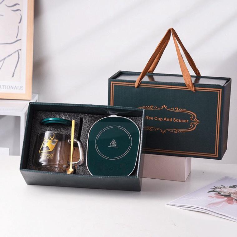 Bộ Cốc Hâm Nóng Giữ Nhiệt Ly Thủy Tinh Kèm Đế Điện Hâm Nóng Cafe , Sữa , Trà Đồ Uống - Tặng Thìa Mạ Vàng