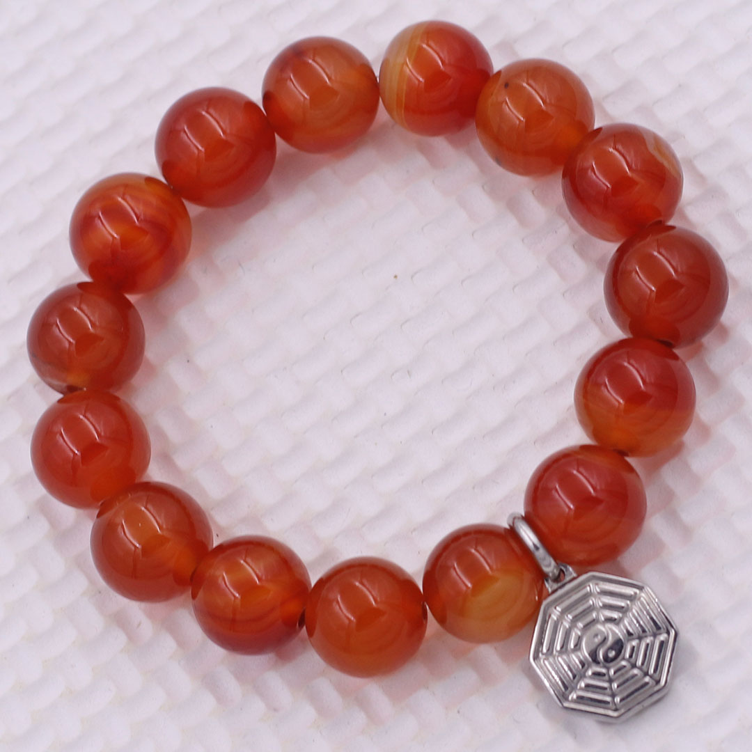 Vòng chuỗi đeo tay mã não cam đỏ charm bát quái inox, vòng tay hạt chuỗi, vòng chuỗi phong thủy, vòng tay nam nữ