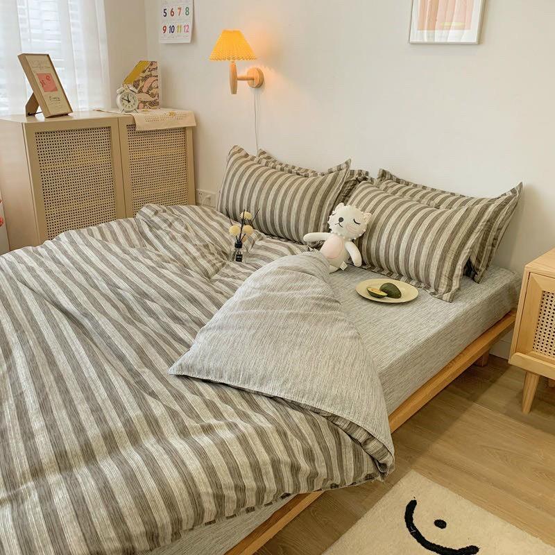 Bộ chăn ga gối Cotton poly M2T Bedding Xám sọc, vỏ chăn mền, drap nệm và 2 vỏ gối