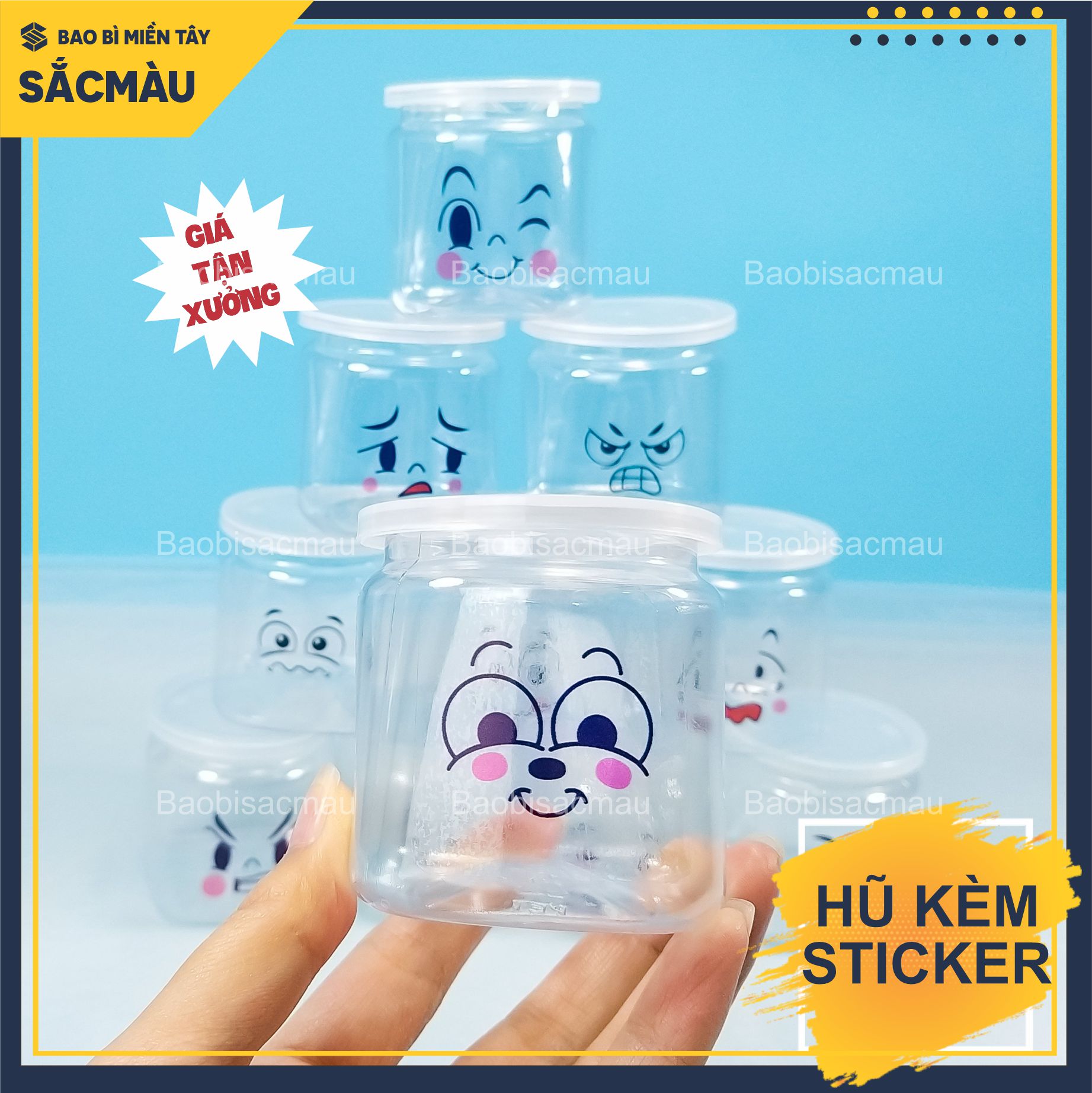 Sét 50 sitcker biểu cảm khuôn mặt dễ thương dùng để dán chai, lọ, ly, hũ.....